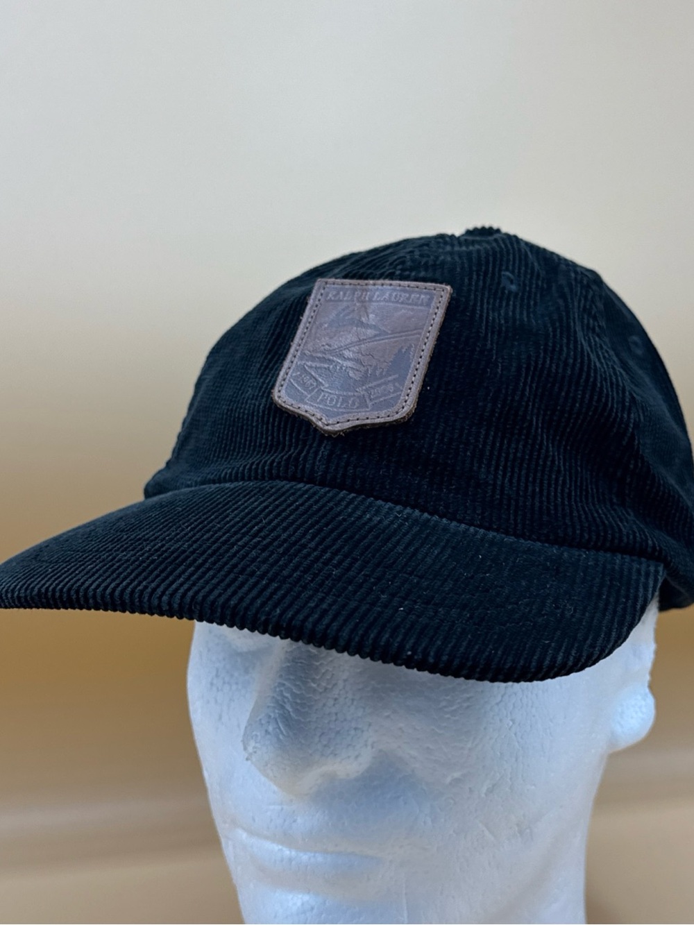 Polo Ralph Lauren Hat Cap Corduroy Leather Patch Ski NEW - BLACK NOS